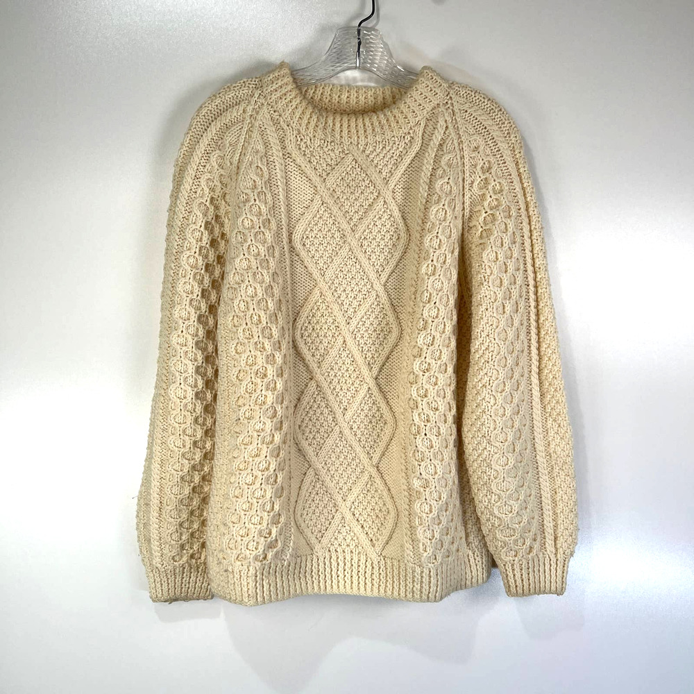 Ivory Cable Knit Sweater Handmade Vintage Pullover Irish Fisherman
